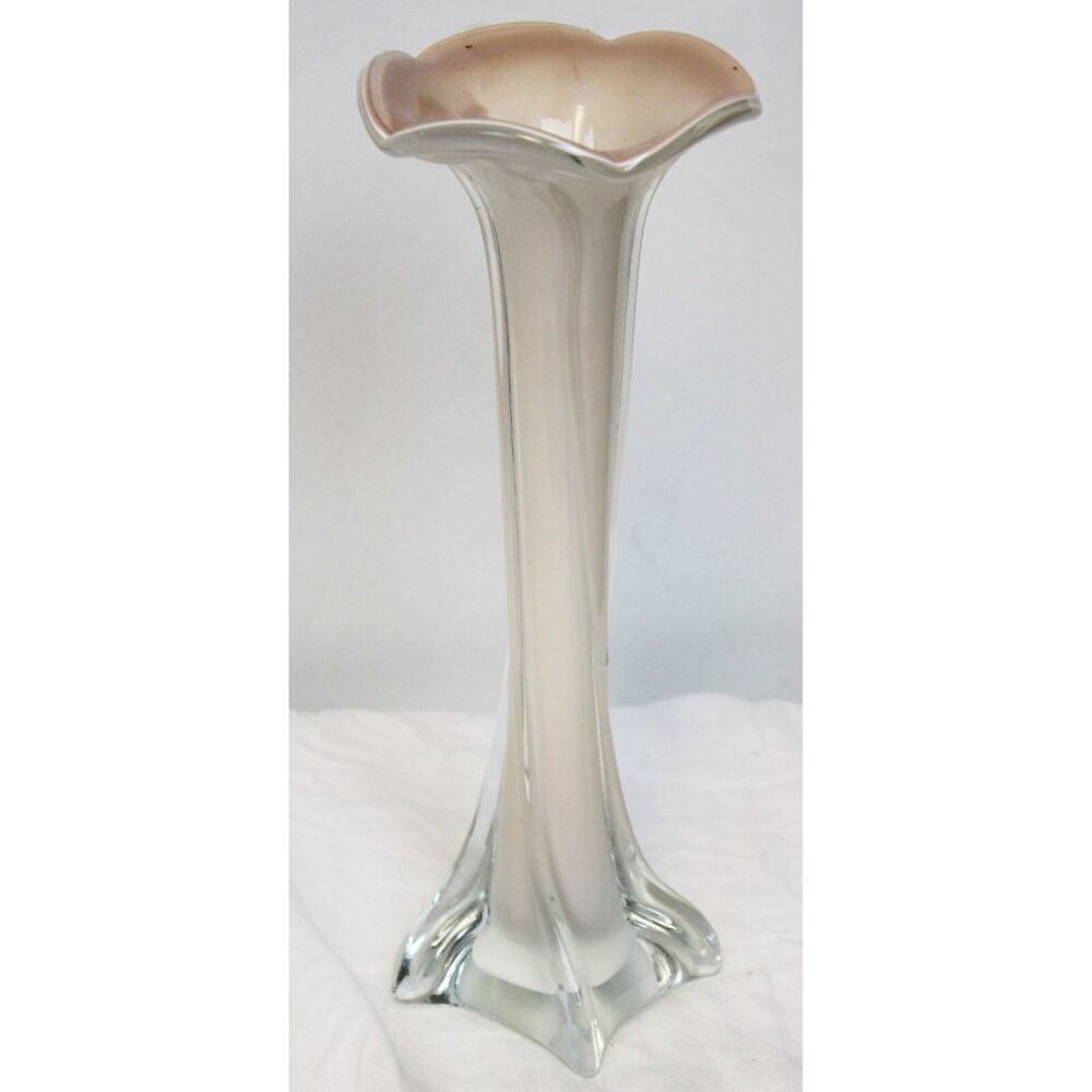 Murano Style Flower Art Glass Vase Bud Long Stem Tulip Flare Beige Mod Clear